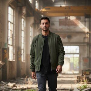 Men's Bomber Lightweight Jacket-Spring Fall Casual Thin Full Zip Army Green Sm